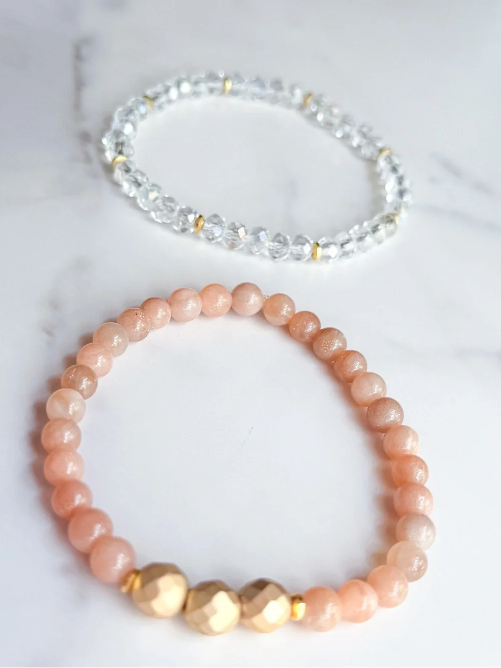 Sunstone & Crystal Glass Beaded Stretch Bracelet Set Peach Clear Gold Tone Set